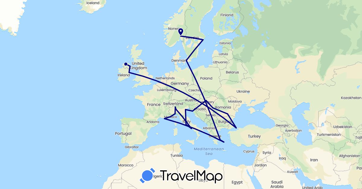 TravelMap itinerary: driving in Switzerland, Denmark, France, United Kingdom, Greece, Croatia, Hungary, Ireland, Italy, Norway, Romania, Sweden, Turkey (Asia, Europe)