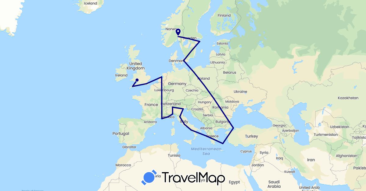 TravelMap itinerary: driving in Switzerland, Denmark, France, United Kingdom, Greece, Italy, Monaco, Norway, Romania, Sweden, Turkey (Asia, Europe)