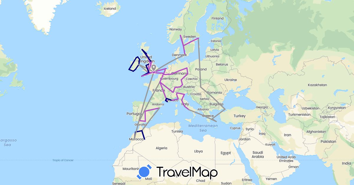 TravelMap itinerary: driving, plane, train in Belgium, Switzerland, Germany, Denmark, Spain, France, United Kingdom, Greece, Hungary, Ireland, Italy, Morocco, Netherlands, Norway, Sweden, Turkey (Africa, Asia, Europe)